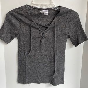 Divided lace up V-neck ribbed cropped short sleeve knit top size medium